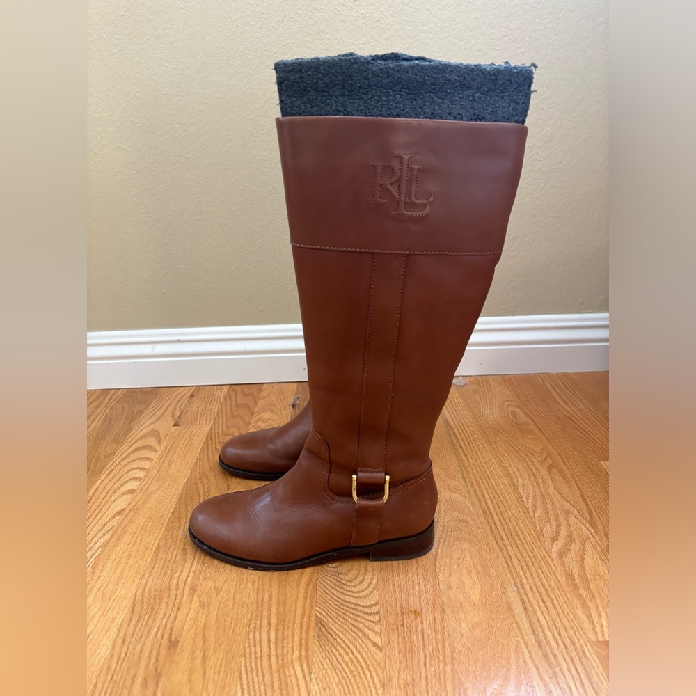Ralph Lauren Brown Leather Riding Boots with Shearling Cuff